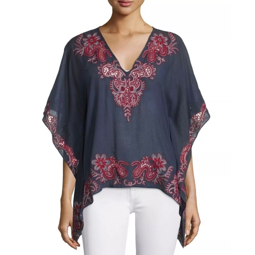 Anthropologie TRYB 212 Sahara Mural Embroidered Blue Cotton V-Neck Top Size S